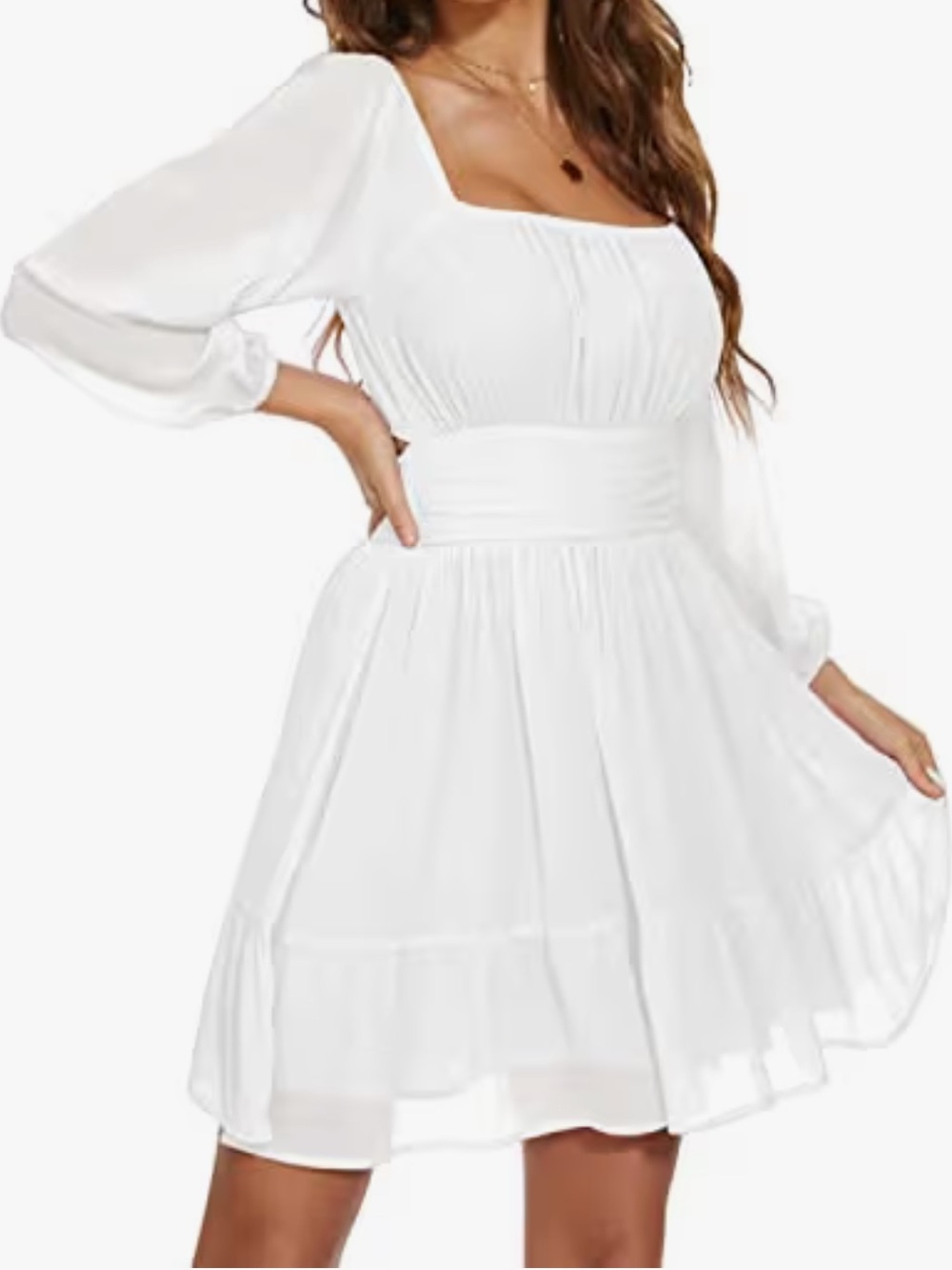 White Square-Neck Smocked Waist Mini Dress